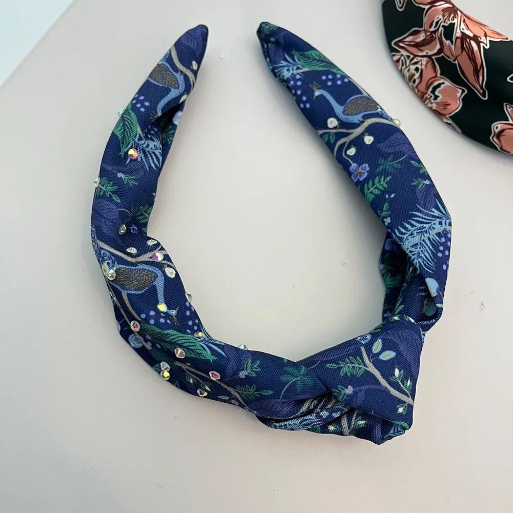 Set Of 5 Women's Knotted Headbands With Floral Pearl & Striped Designs Fabric Ma